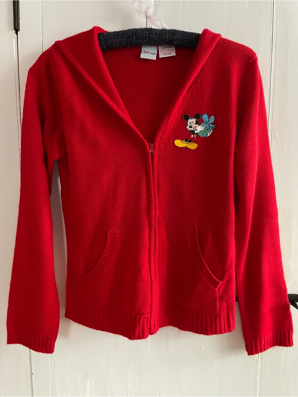 Vintage Disney Red Women's Zip-Up Hoodie Jacket w/ Embroidered Holiday Mickey S